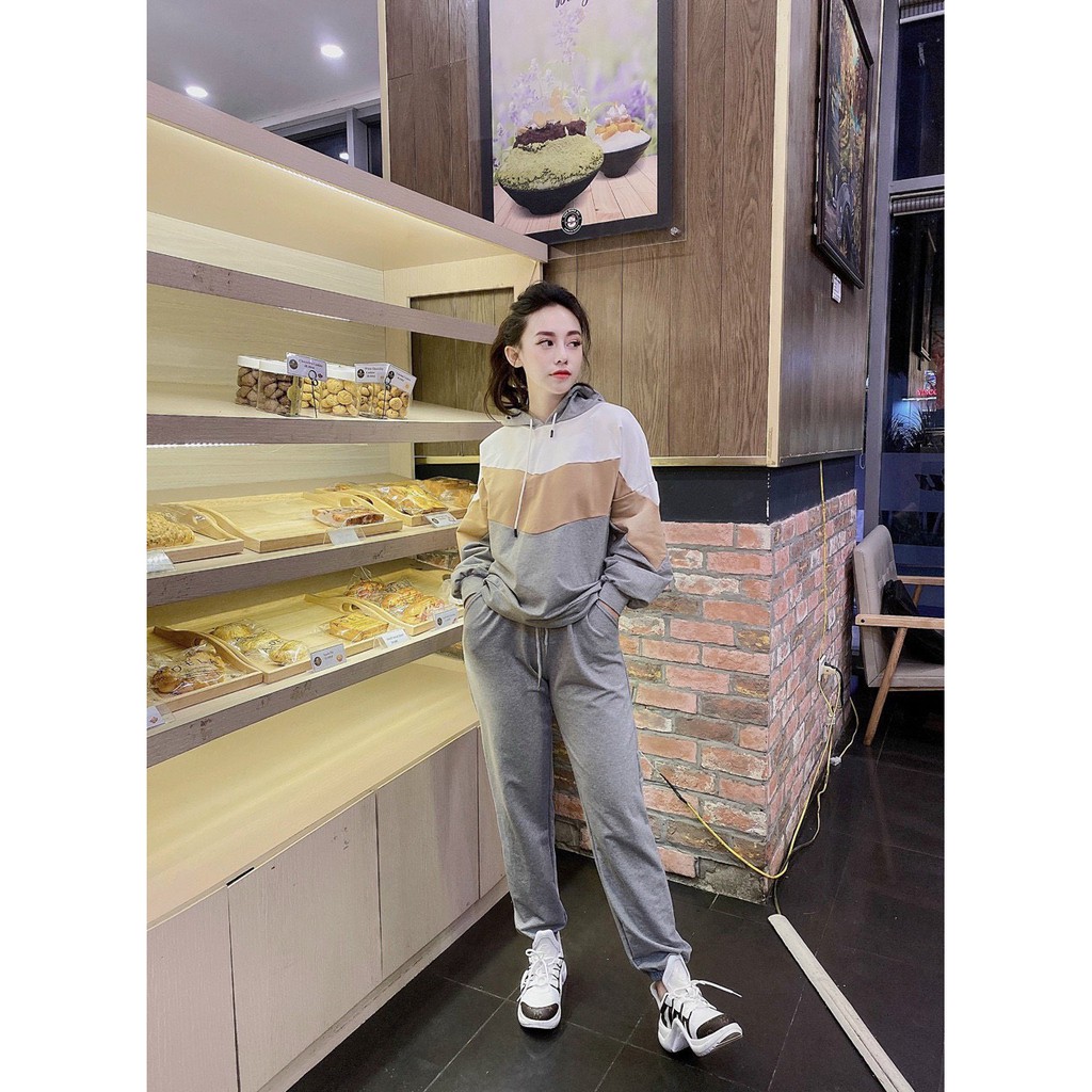 BỘ HODIE MŨ PHỐI ĐEN XÁM VÀNG CHO NỮ