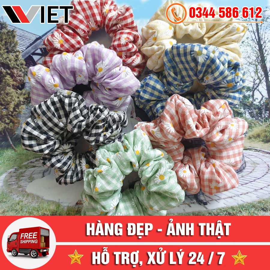 Dây Buộc Tóc Vải Scrunchies Caro Hoa Cúc Cho Nữ