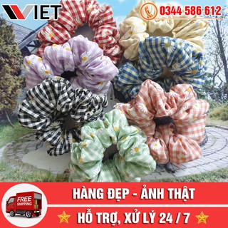[FREE SHIP TOÀN QUỐC] Dây Buộc Tóc - Cột Tóc Scrunchies Vải Caro Họa Tiết Hoa Cúc Thời Trang