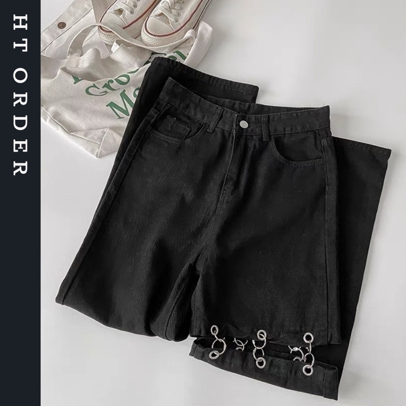 (Sẵn) Quần Jeans Nữ Suông Ống Nối Xích