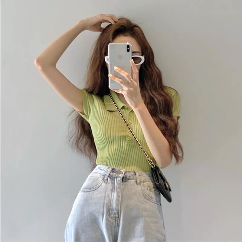 Áo polo crotop trơn có cúc Forgirl tay cộc năng động