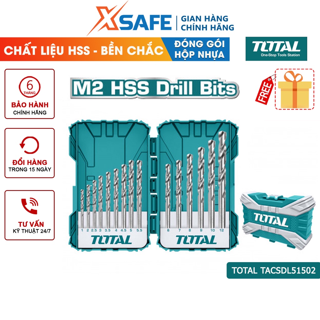 Bộ 15 mũi khoan đa năng TOTAL TACSDL51502 chất liệu HSS cứng cáp, đa kích thước từ 1-12mm, dùng khoan gỗ, kim loại