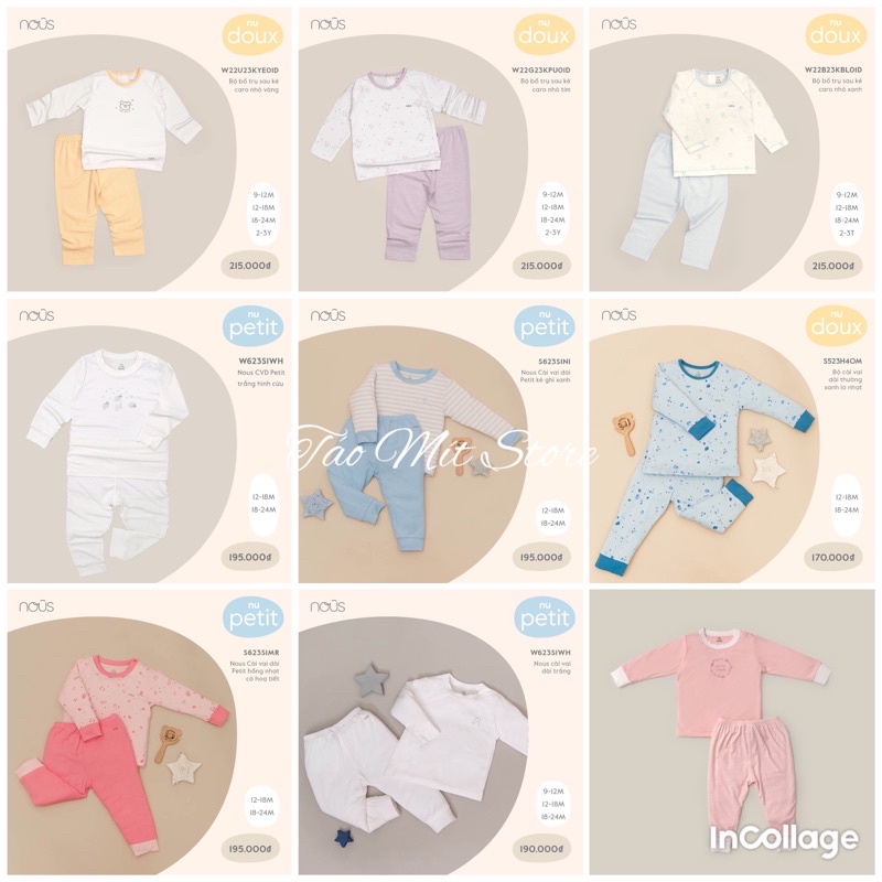 Bộ dài tay cài vai Nous sz từ 9-12m tới 2-3y(mẫu mới 2022)
