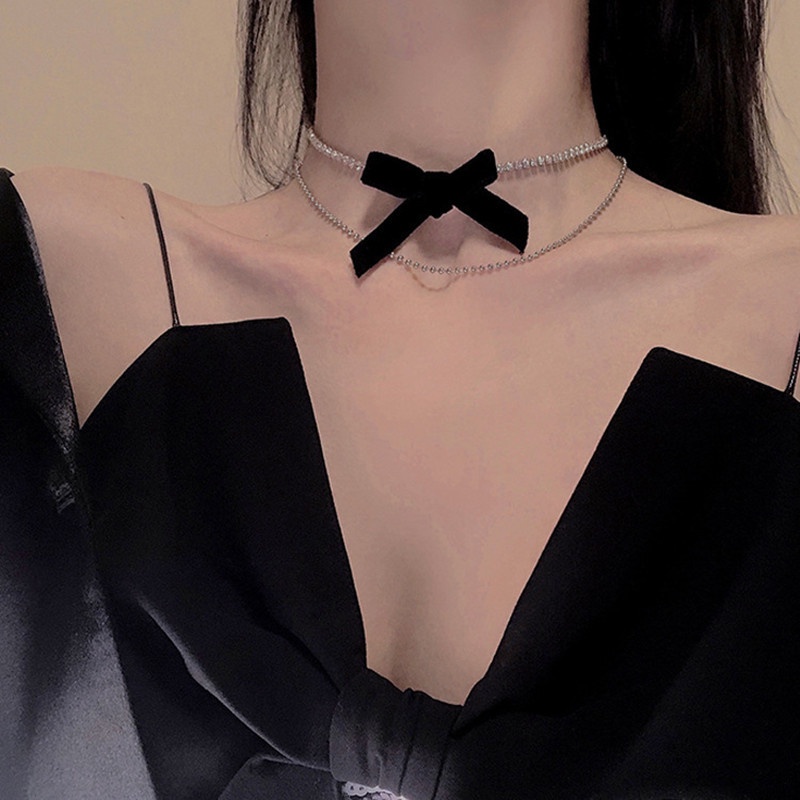 Vòng Cổ Choker Nhung Hai Lớp Thắt Nơ Đính Kim Cương Sáng Bóng Quyến Rũ Thời Trang