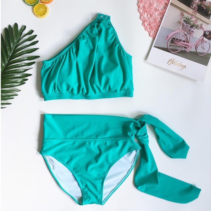 BIKINI Bộ Bơi Áo Lệch Vai Phối Khoen Vuông Quần Nơ Dài Phong Cách Hy Lạp - BIKINISTORE