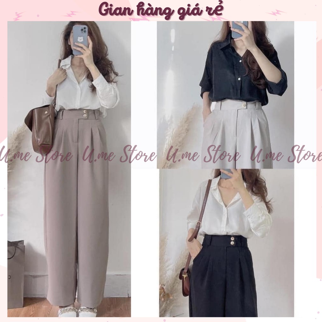 Quần Tây ống rộng hai cúc cạp cao hách dáng vải lụa Hàn phong cách Hàn Quốc