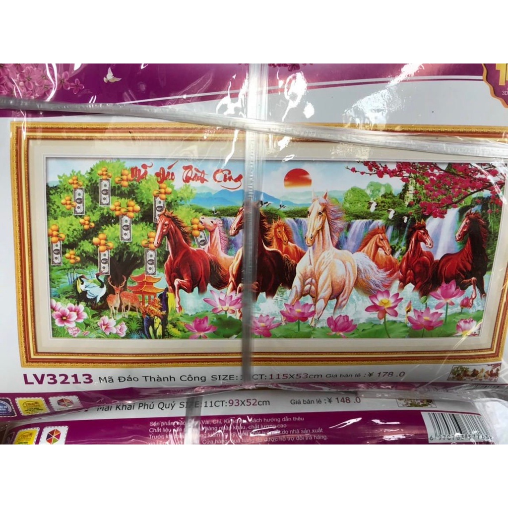 Tranh thêu chữ thập ngựa mã đáo thành công KT:115x53cm,Tranh chưa thêu.Tặng kéo và xỏ chỉ.