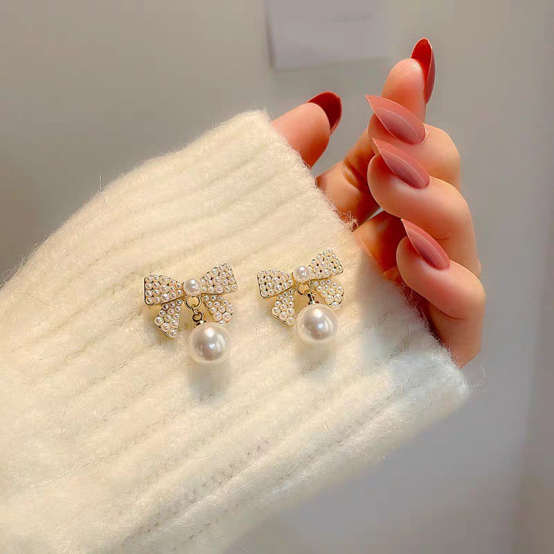 Khuyên Tai Hình Nơ Đính Đá Ngọc Trai Phong Cách Cổ Điển Mới