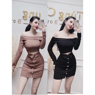 Set áo trể vai kèm chân váy nút