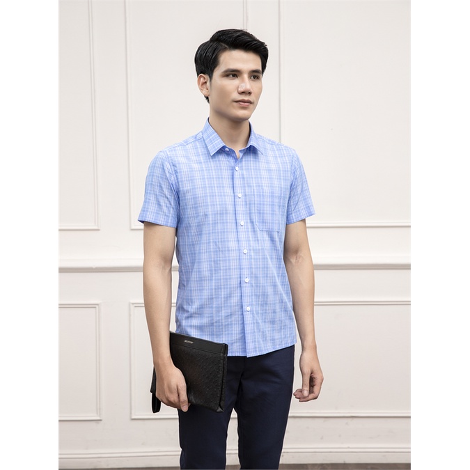 [MẪU MỚI] Áo sơ mi nam ngắn tay ARISTINO dáng Perfect fit suông vừa, họa tiết xanh kẻ trắng lịch lãm - ASS143S1
