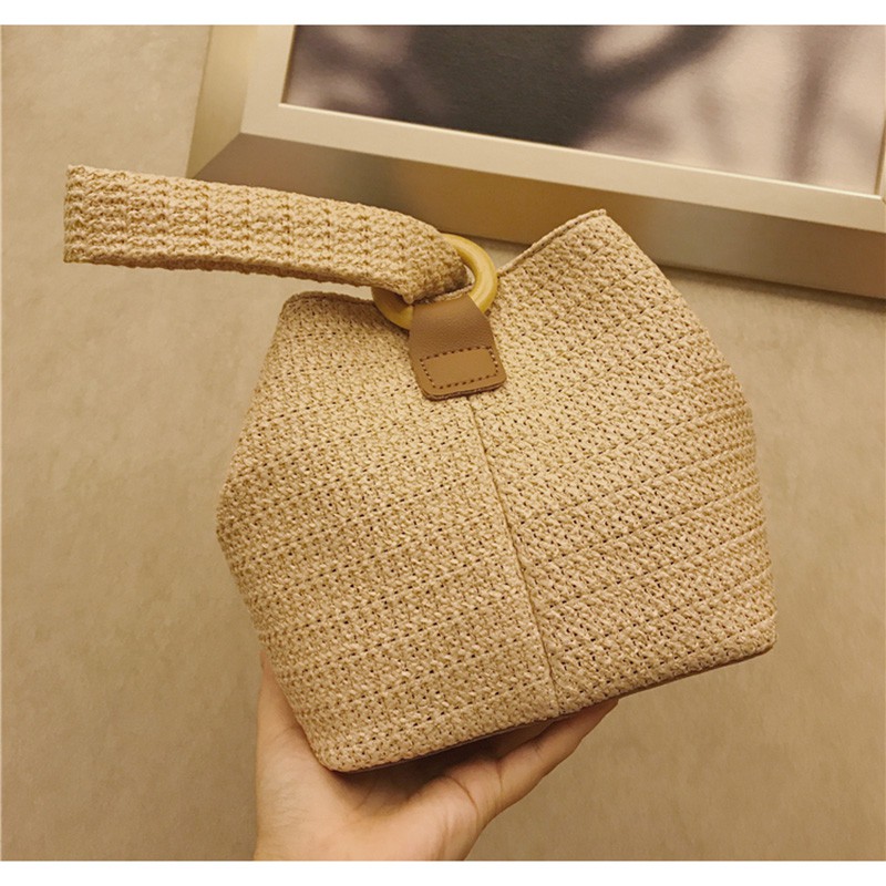 Túi cói Bằng Rơm Dệt Hình Vuông Nhỏ Có Khóa Vòng Dễ Thương