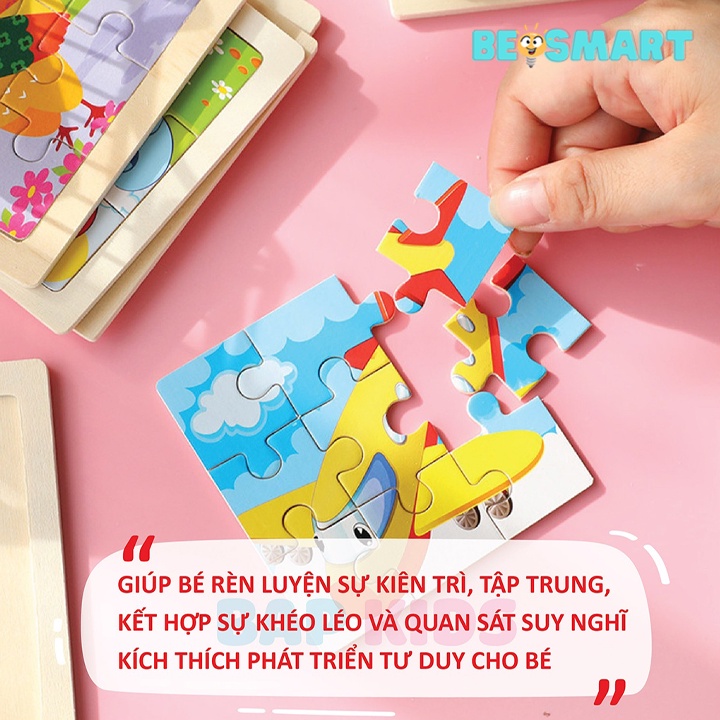 Đồ chơi xếp hình lắp ráp tranh ghép gỗ 9 mảnh hơn 20 mẫu ngộ nghĩnh size 14x14cm Beosmart