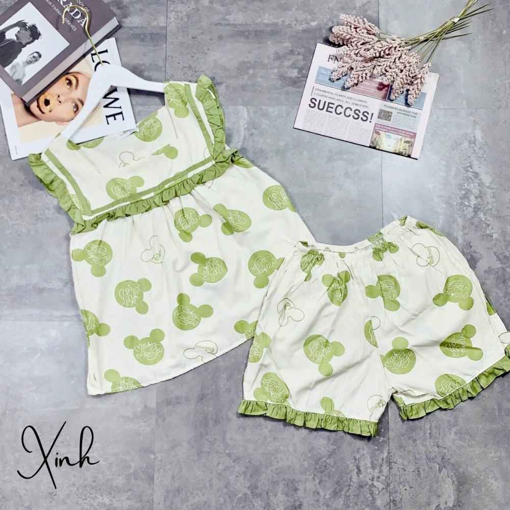 Đồ bộ nữ mặc nhà Pijama bộ đùi sát nách, họa tiết Mickey chất đũi cao cấp