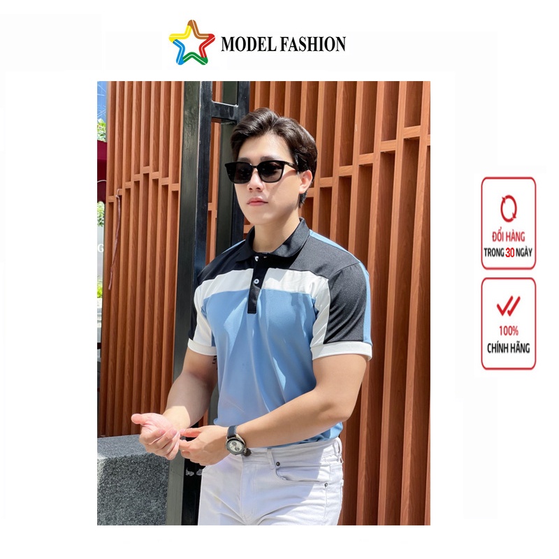 Áo thun polo nam nữ tay ngắn xanh sọc trắng đen Hàn Quốc Model Fashion