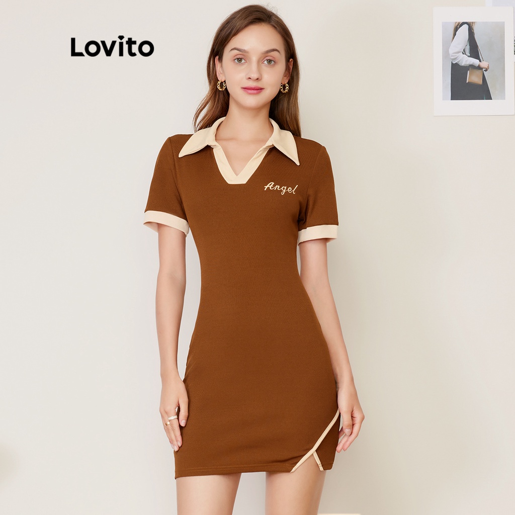 Váy dệt kim Lovito Cổ áo chữ V Cổ tương phản Ràng buộc Chia sườn trước Bình thường L27AD139 (Nâu)