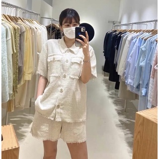 Set dạ tweed áo sơmi tua rua túi trước+quần short ngắn phong cách cổ điển thanh lịch SAM SAM BOUTIQUE