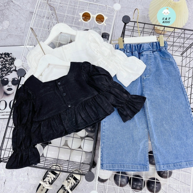 bộ áo tay bèo phối quần jeans sớ cực chất bé gái - batb
