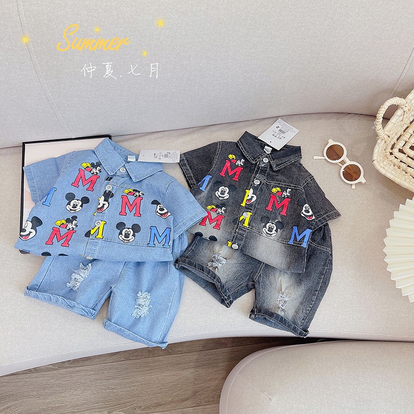 Bộ Quần Áo Bò Cộc Tay Trẻ Em In Hình Mickyy Dễ Thương Cho Bé Gái Từ 8-30kg Mã CT62