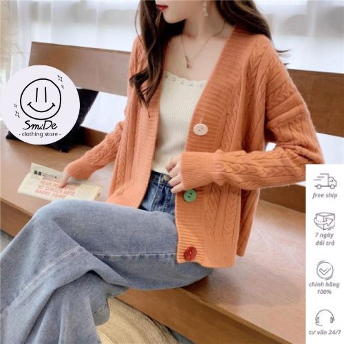 Áo Khoác Len Dệt Kim Xoắn Thừng Cổ Tim Nút 3 Màu Tay Dài | Smide Clothing