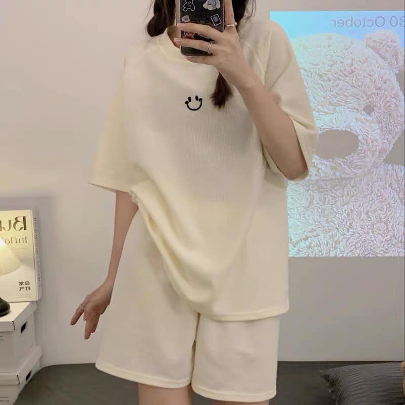 Bộ Quần Áo Mặt Cười ❤ Set Quần Đùi Ông Rộng Áo Thun Tay Lỡ Cotton Dáng Rộng Samsam4896