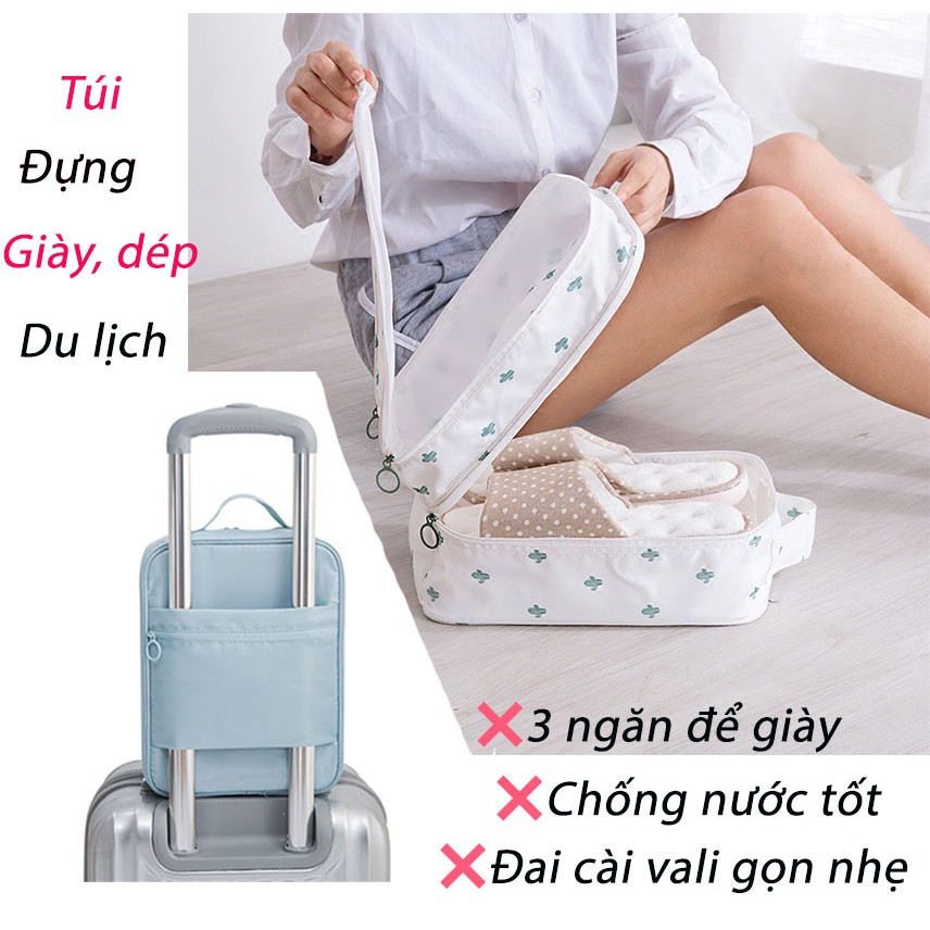 Túi đựng giày dép đi du lịch 3 ngăn có đai cài vali tiện dụng chống nước tốt