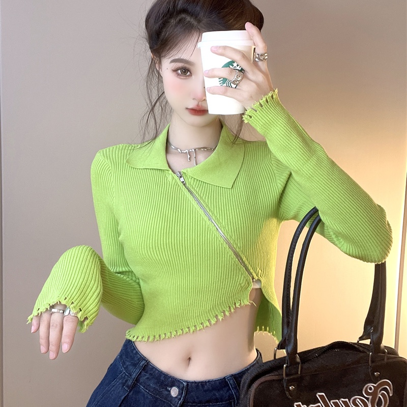 Áo Sweater Dệt Kim Cổ Polo Phối Khóa Kéo Thiết Kế Độc Đáo Thời Trang Mùa Thu Quyến Rũ Cho Nữ