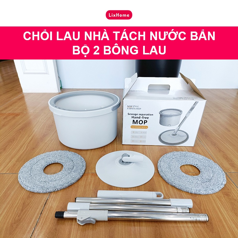 Chổi lau nhà tách nước bẩn thông minh 360 độ 2 bông lau, bộ cây lau nhà tách nước bẩn nước thải