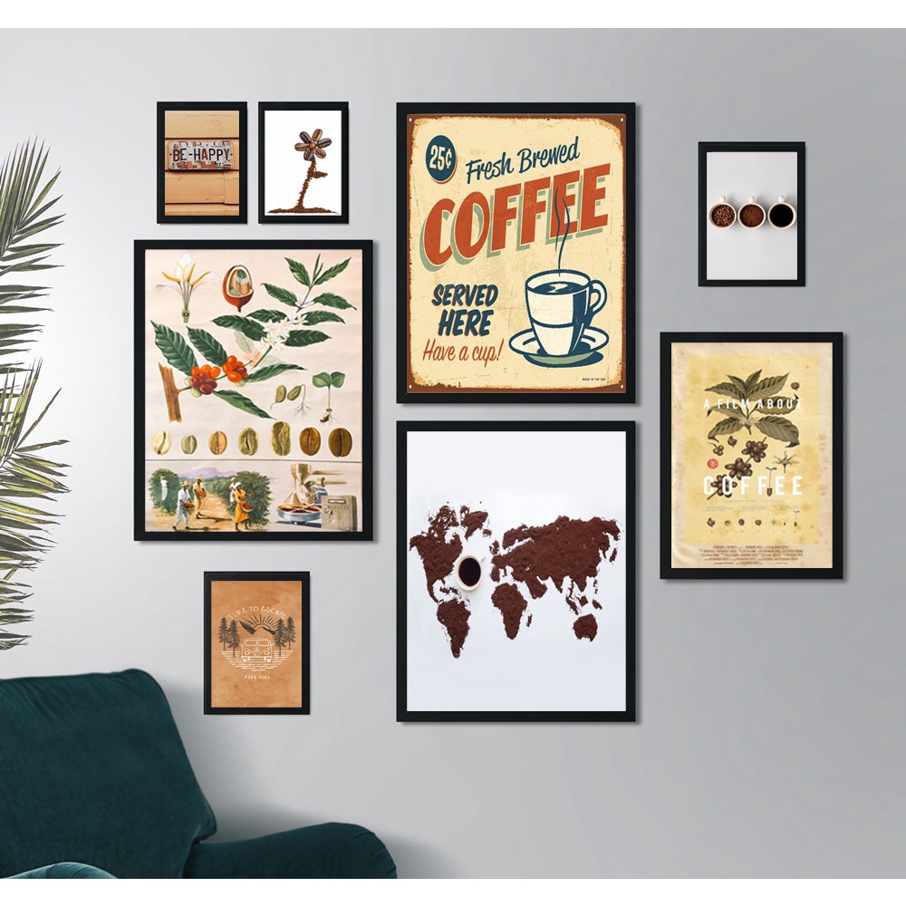 Set 8 tranh treo tường cà phê cổ điển decor quán cà phê, quán ăn theo phong cách vintage - Đã có khung & phụ kiện