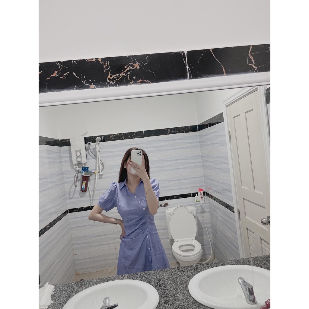 Váy sơ mi nhún eo tay bồng cách điệu lịch sự nhã nhặn YAME