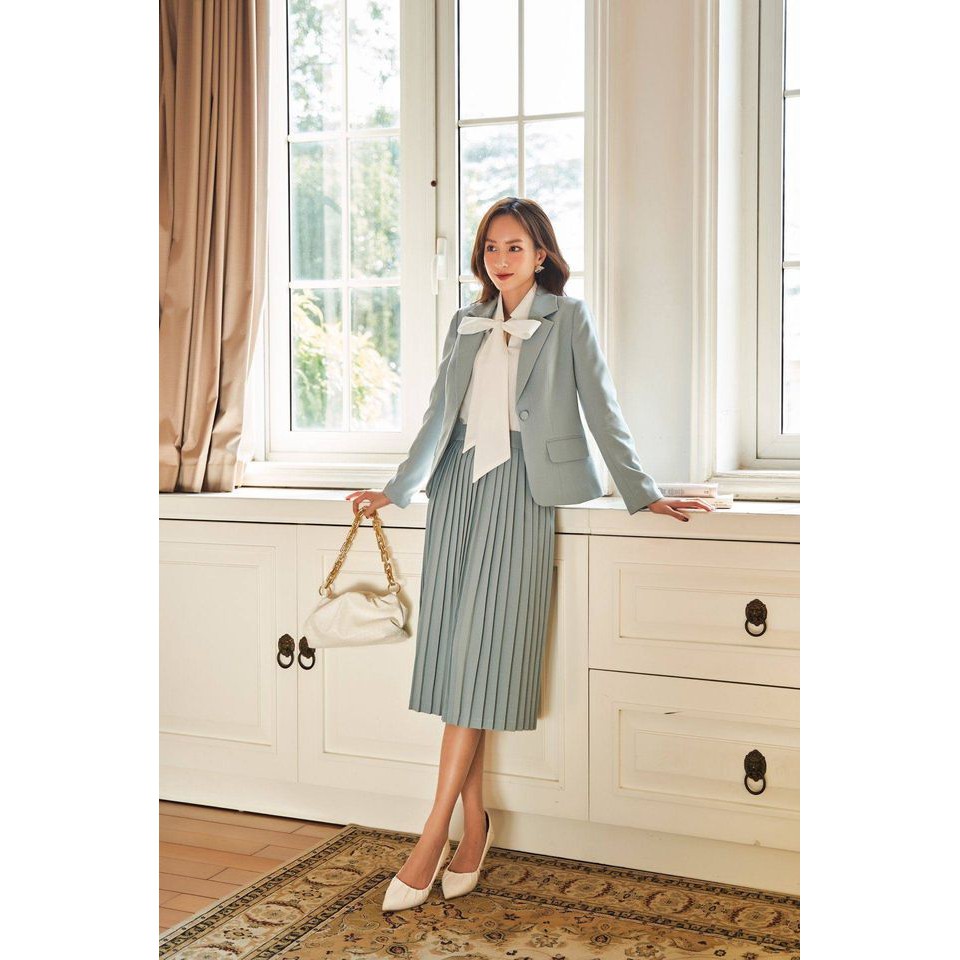 Set Blazer Xanh Ngọc 1 cúc dáng ngắn + Chân váy xếp li dáng dài by Lilie | BigBuy360 - bigbuy360.vn