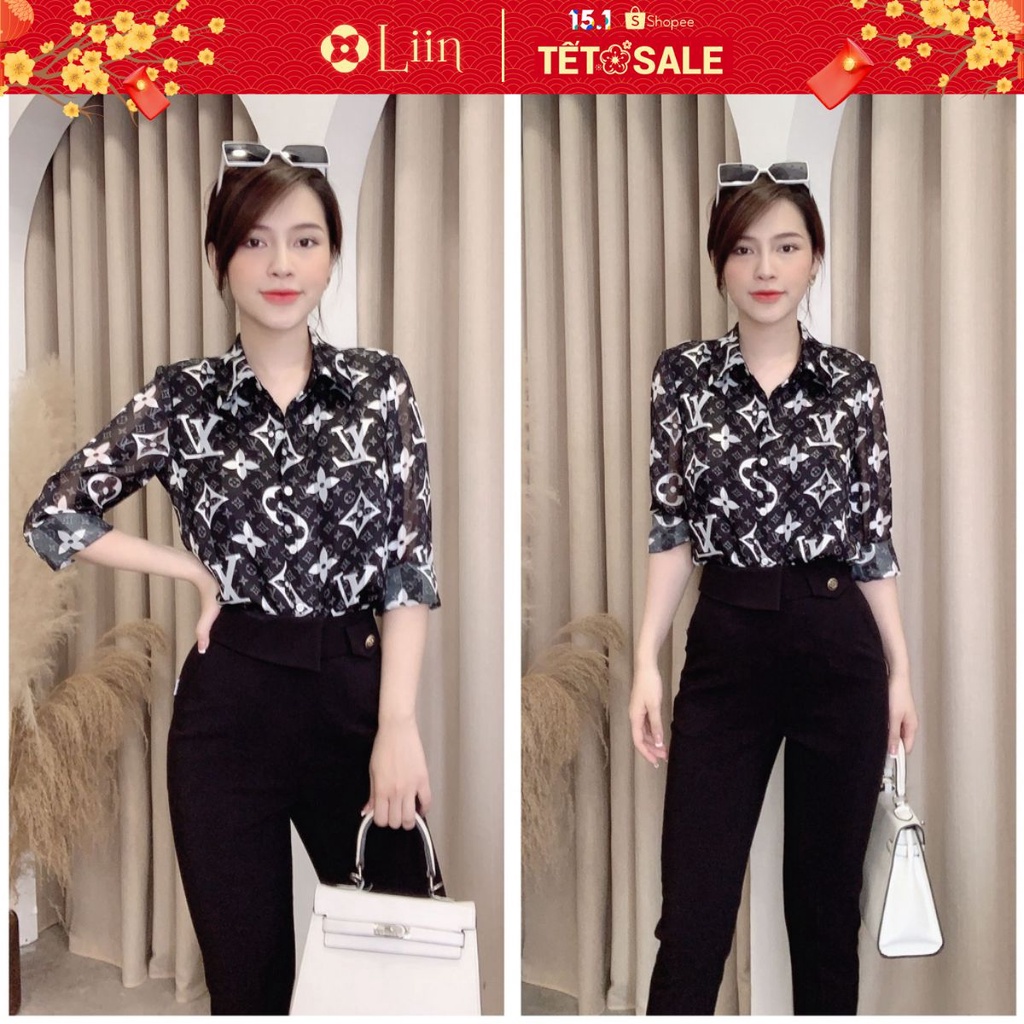 Áo Sơ Mi nữ họa tiết LV chất liệu Lụa thiết kế trẻ trung, năng động Liin Clothing SM3827