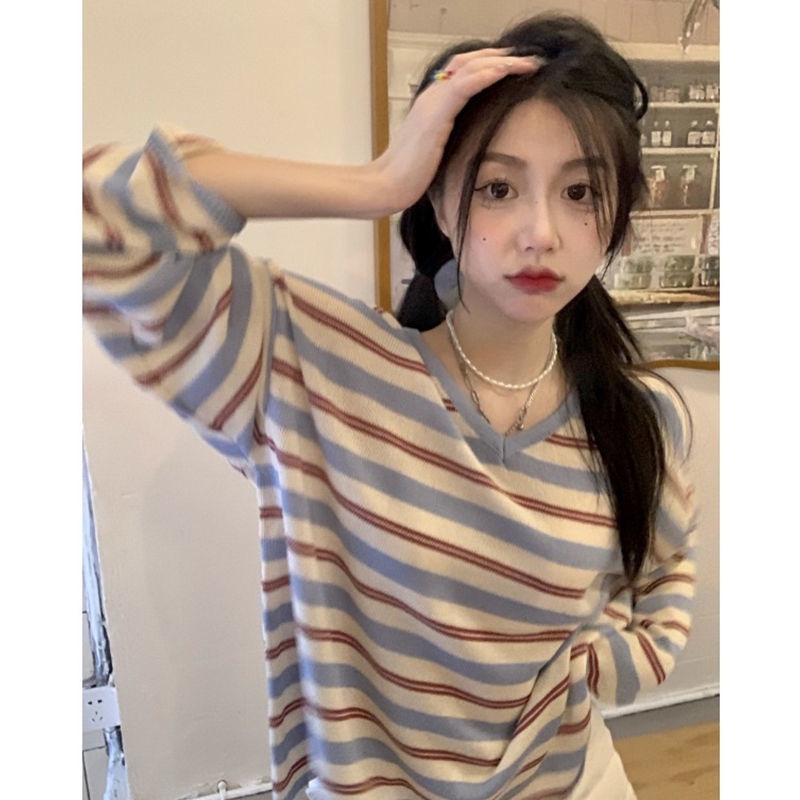 Jiashucheng Áo Thun Tay Dài Dáng Rộng Họa Tiết Kẻ Sọc Thời Trang Mùa Thu Cao Cấp Dành Cho Nữ Có Size Lớn