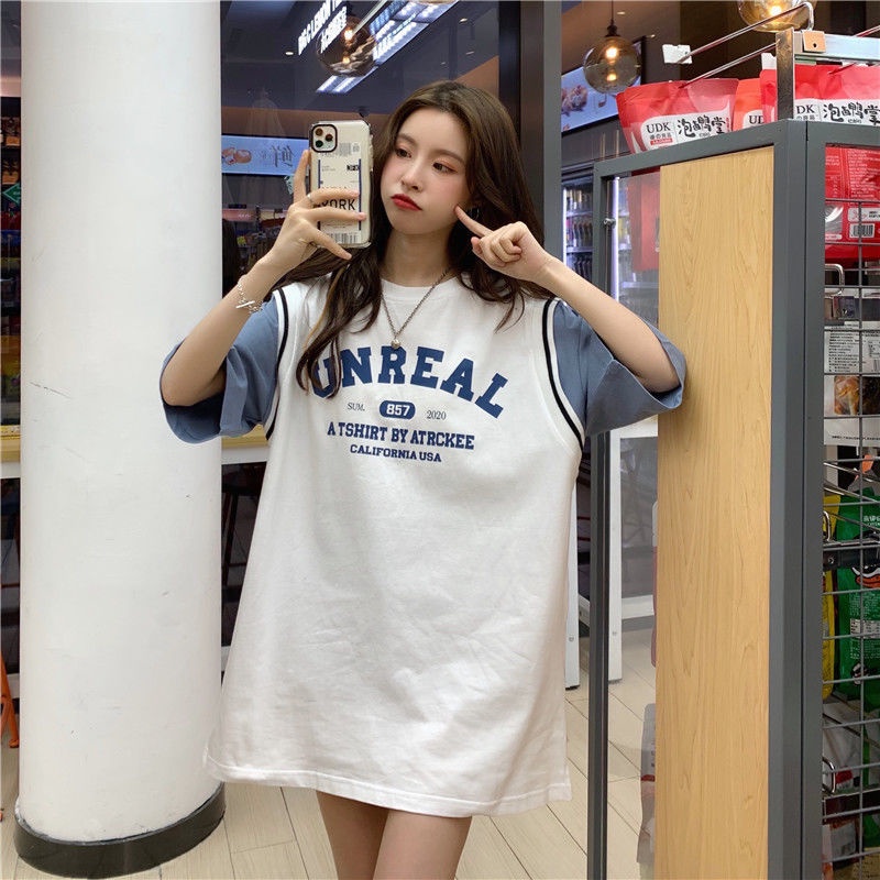 Áo thun tay ngắn giả hai lớp dáng rộng phong cách Hàn Quốc Harajuku cho nữ sinh
