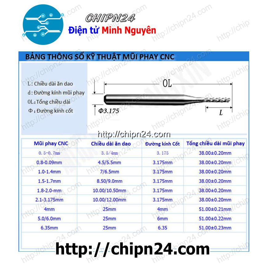 [1 CÂY] Mũi phay mạch in CNC 2.4mm