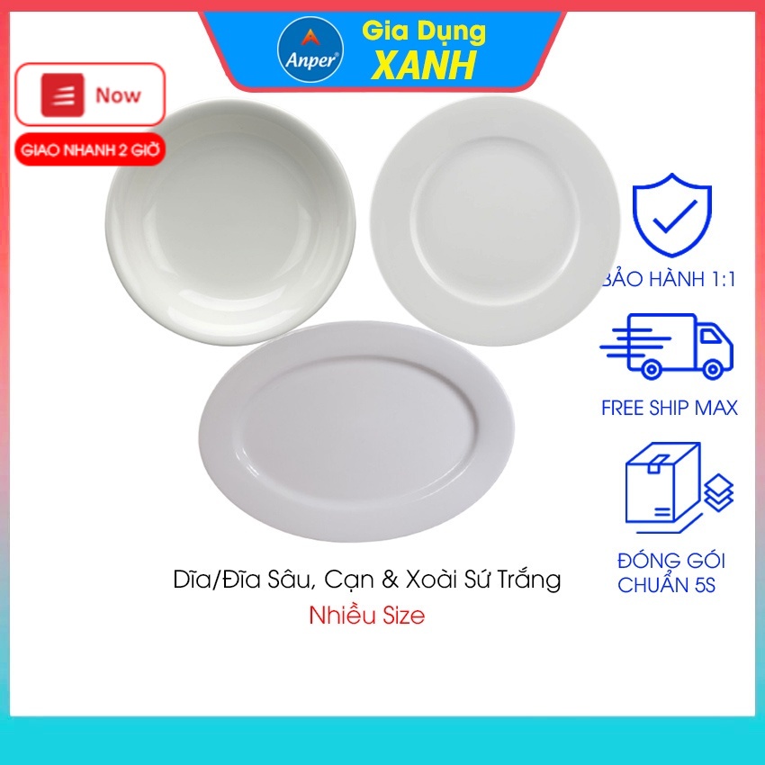 Combo 2 đĩa sứ 3 dĩa sứ xoài sứ trắng ANPER size 23 27 30 cm đĩa ăn đẹp trang trí decor