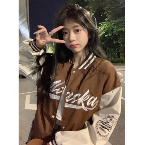 Áo varsity jacket 2022, áo khoác bomber nữ màu nâu, hồng chất nỉ đẹp thời trang unisex quảng châu ulzzang