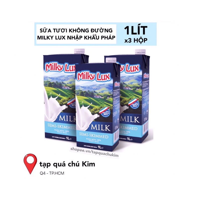 COMBO 3 HỘP Sữa tươi không đường ÍT BÉO 1.5% MILKY LUX 1L tiệt trùng Pháp có tem phụ