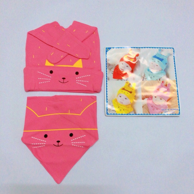 SET KHĂN + MŨ MÈO 100% COTTON CHO BÉ TỪ 3TH - 3T(MẪU 5)