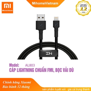 Dây cáp lightning zmi al803 chuẩn mfi bọc vải dù bảo hành 12 tháng