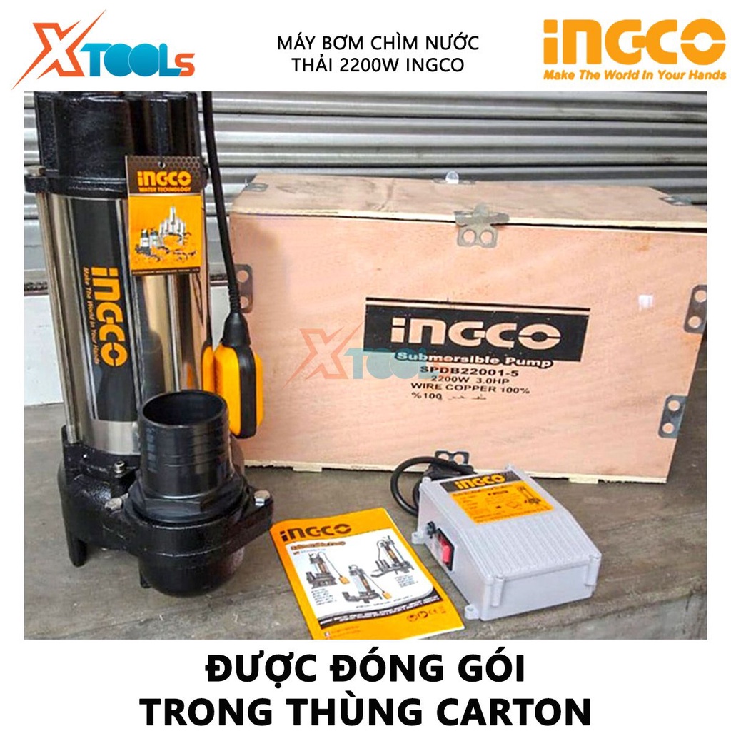 Máy bơm chìm nước thải INGCO SPDB22001 | máy bơm chìm 2200W(3.0HP), chiều cao bơm 13m, tốc độ dòng chảy 88m3/h, motor dâ