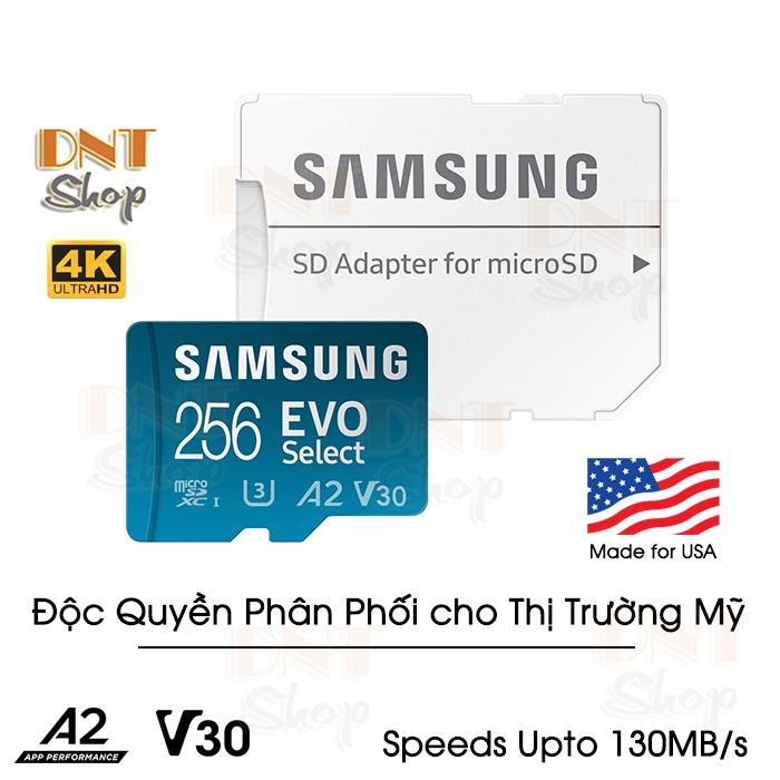 Thẻ nhớ MicroSDXC Samsung EVO Select 256GB U3 4K V30 A2 130MB/s - Độc quyền xuất thị trường Mỹ - Made For US