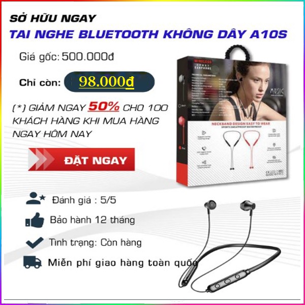 Tai Nghe Bluetooth A10 ⚡️Sport Earphone Thể Thao⚡️ Không Dây Cao Cấp Loại 1, Dùng Cho Cả Hai Hệ Điều Hành Adroid và IOS
