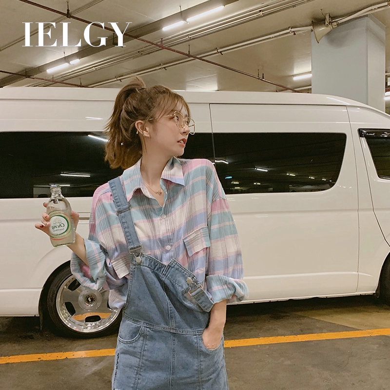 Áo sơ mi caro IELGY tay dài chống nắng màu hồng