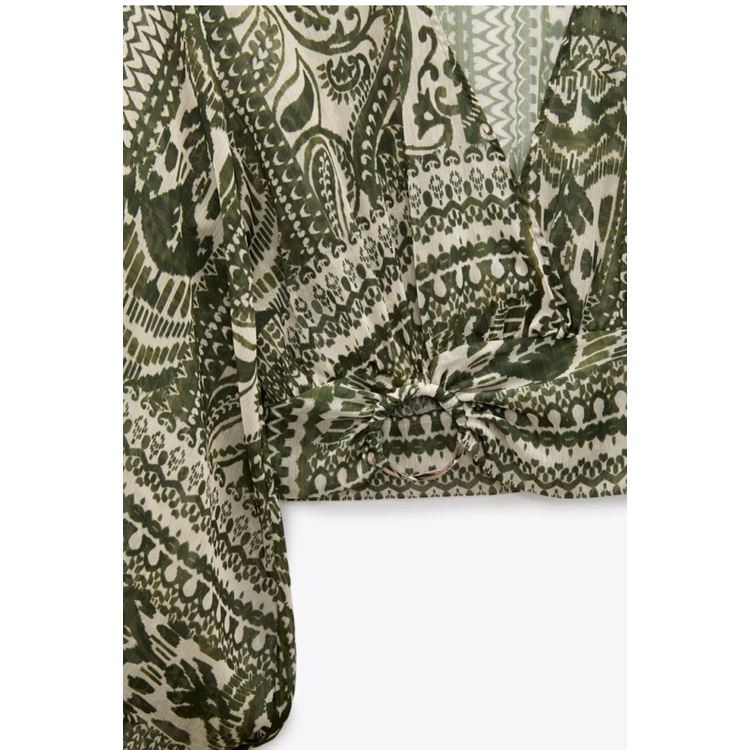 Áo Sơ Mi Zara Cổ Bẻ Cột Dây Dáng Ngắn In Họa Tiết Phối Khóa Kim Loại Thời Trang Mùa Hè4437084