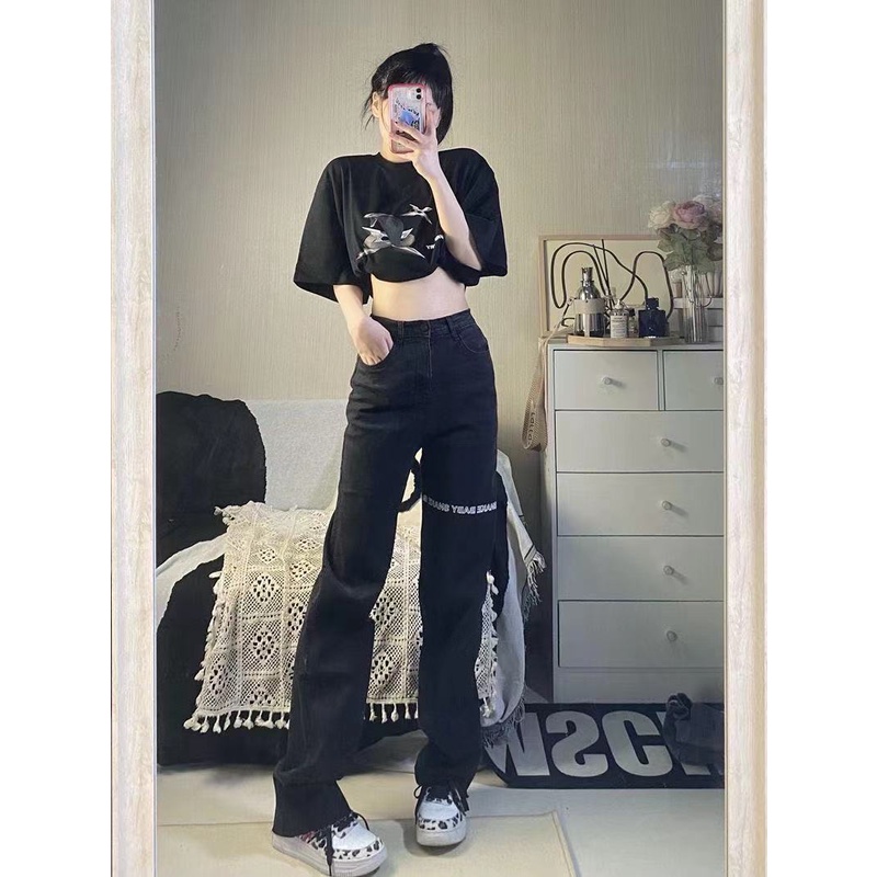20121 new autumn and summer black Harajuku style high waist straight slimming letter printed stretch pants jeans for women OSps