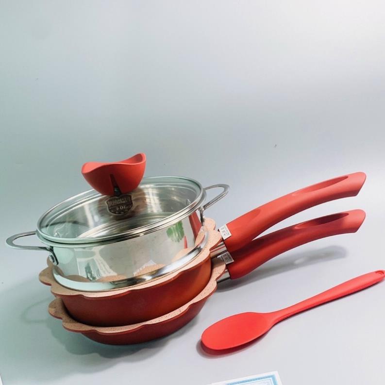Bộ nồi chảo men đá chống dính nấu ăn dặm cho bé ( chảo, nồi, xửng hấp, thới) | Size 16cm