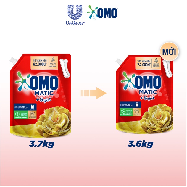 Túi Nước giặt OMO Matic Comfort tinh dầu thơm hoa vàng túi 3,6kg