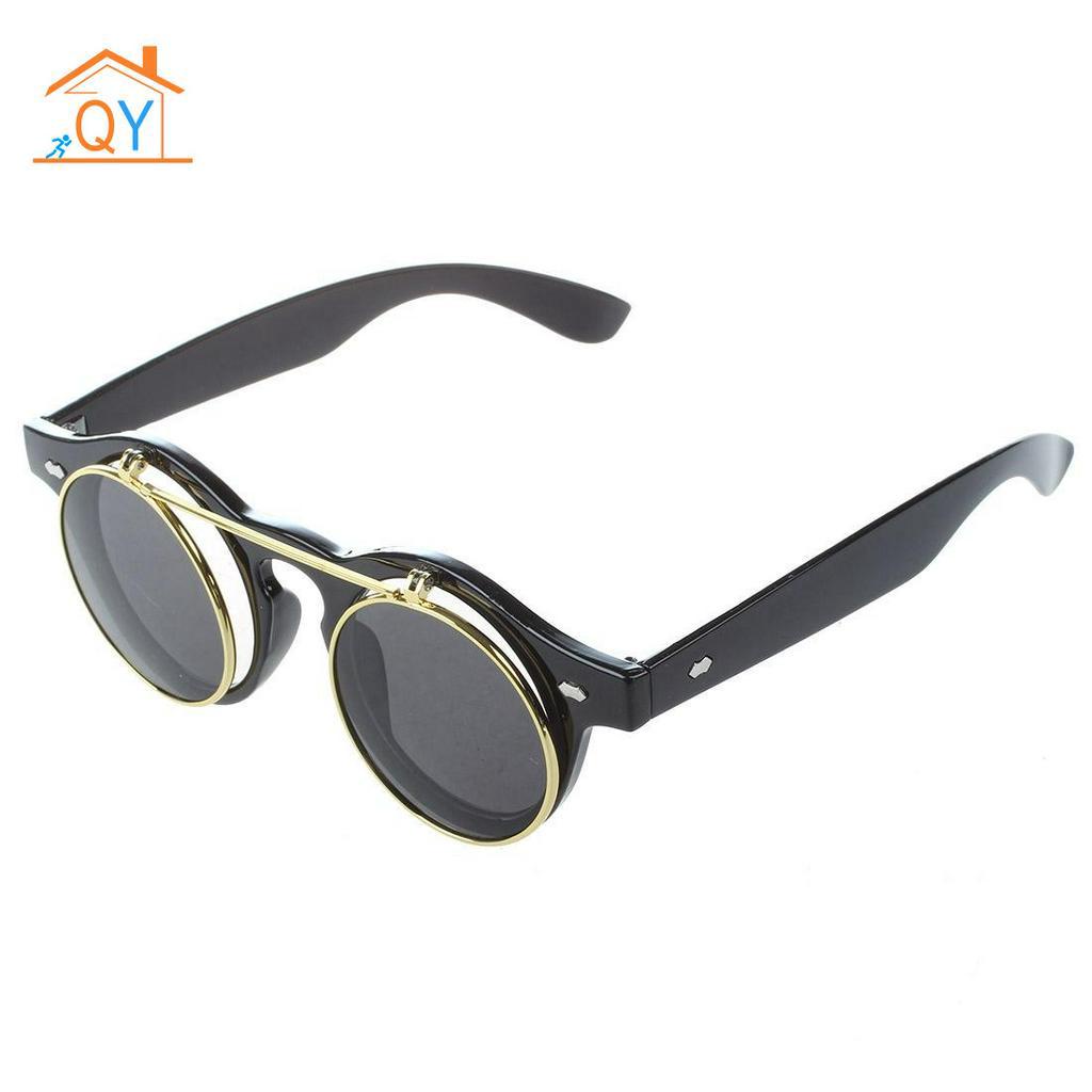 Kính mát gọng tròn nắp lật ngược che bụi màu sắc phong cách retro thời trang unisex