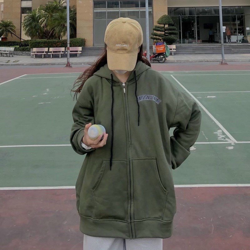 Áo Khoác Nỉ Zip Xanh Rêu Form Rộng Khánh Như Store - Hoodie Mũ 2 Lớp Tay Bồng