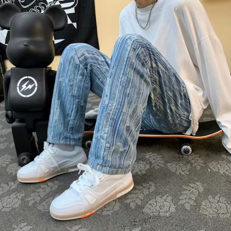 Quần jean nam dáng dài ống suông rộng họa tiết kẻ sọc phong cách retro thường ngày